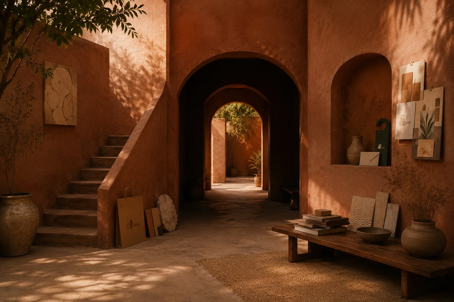 Cour intérieure en terre ocre : voûtes en enfilade, escalier maçonné et supports de marque posés contre un mur
