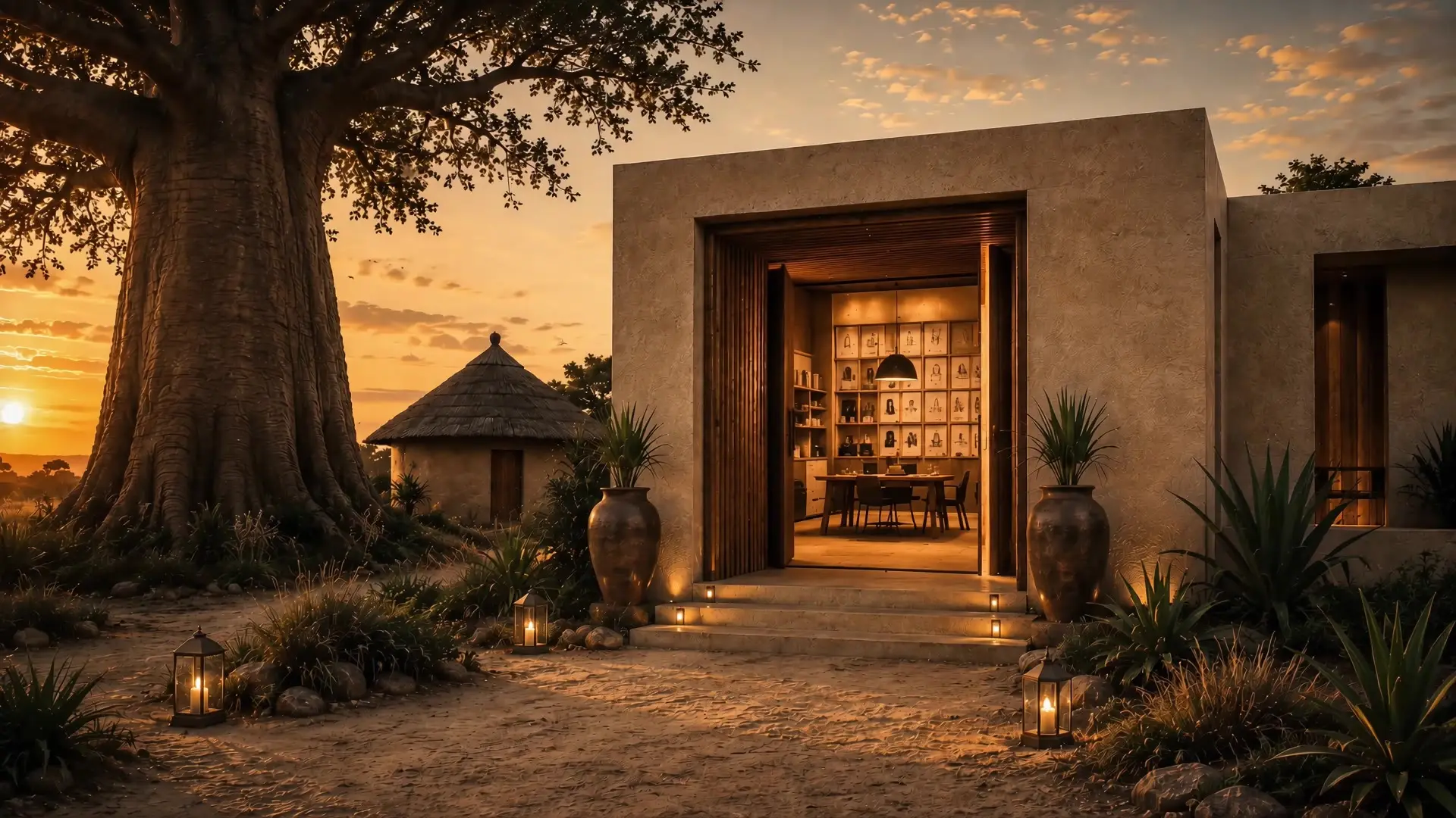 Une grande porte de bois ouverte sur un intérieur chaleureux, au pied d'un baobab, au coucher du soleil