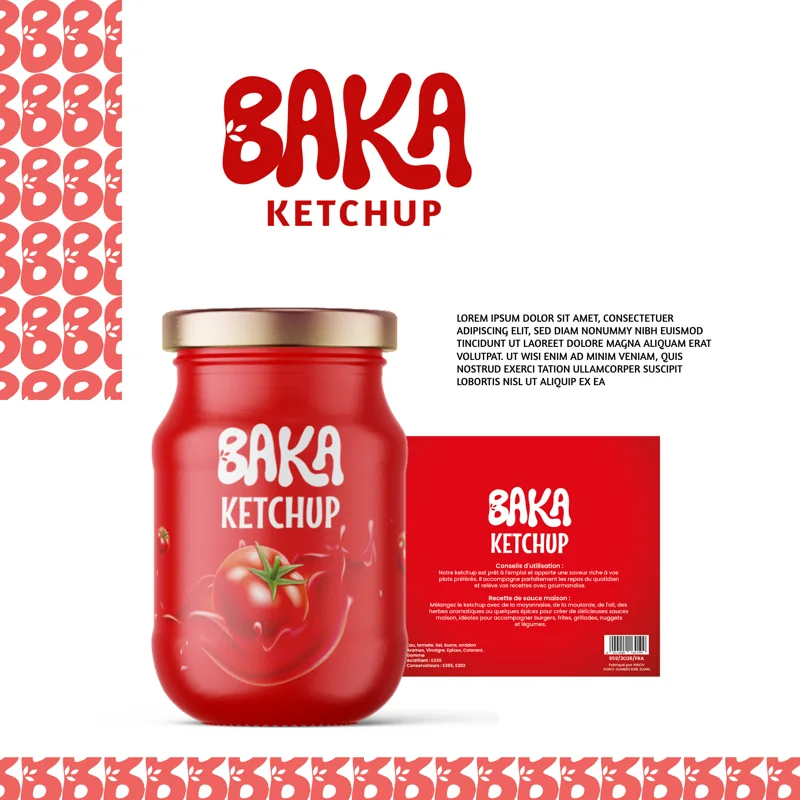 Planche packaging Baka Ketchup : pot rouge mat au couvercle doré portant le logotype, étiquette dépliée à côté, motif de B répété en bordure.