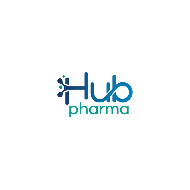 Logotype Hub Pharma : « Hub » en lettres bleues dont le H se prolonge en réseau de points, « pharma » en vert d'eau dessous.