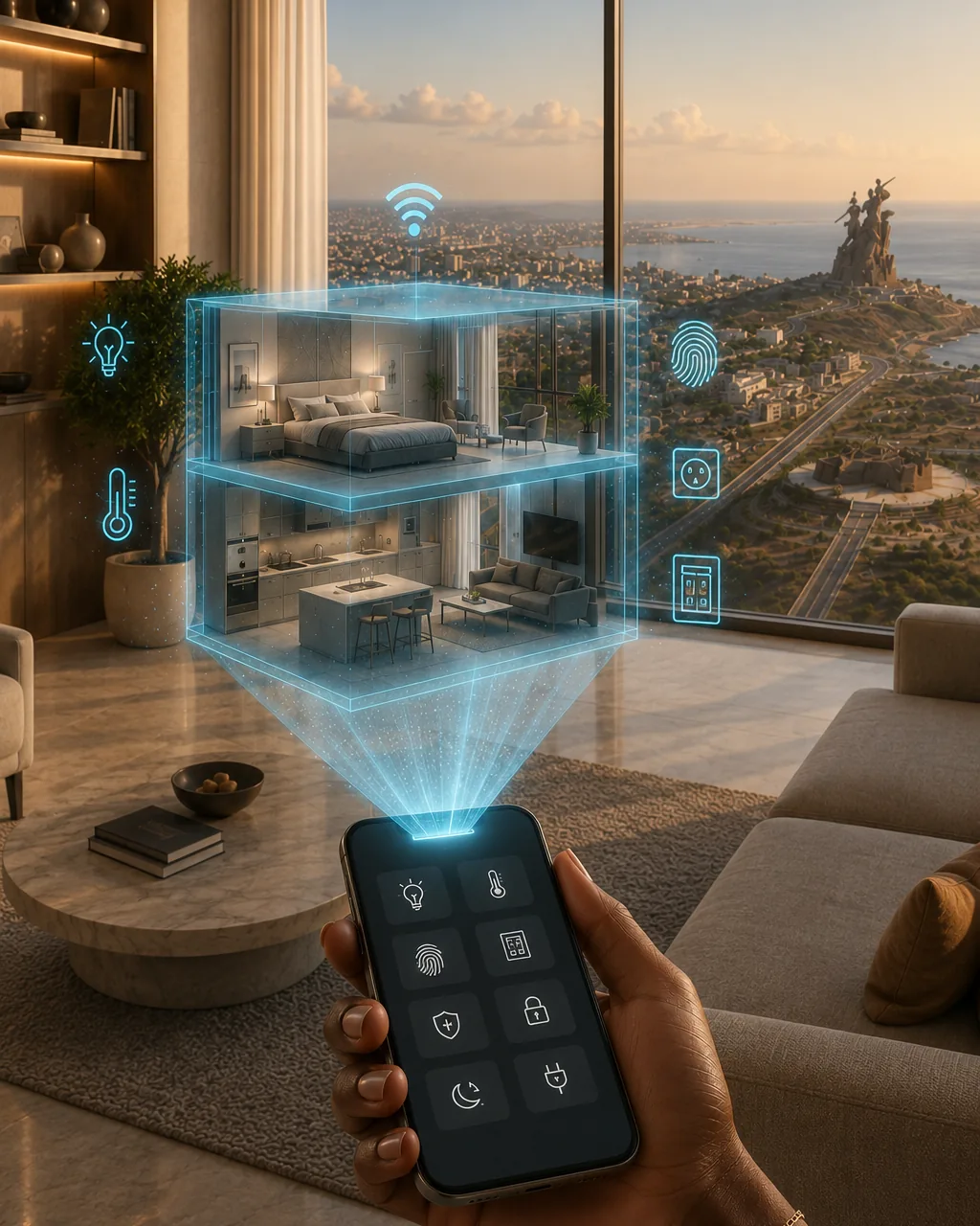 Salon d'un appartement à Dakar à l'heure dorée, ouvert sur la ville et l'océan ; d'un téléphone tenu à la main s'élève la maquette lumineuse d'une maison sur deux niveaux