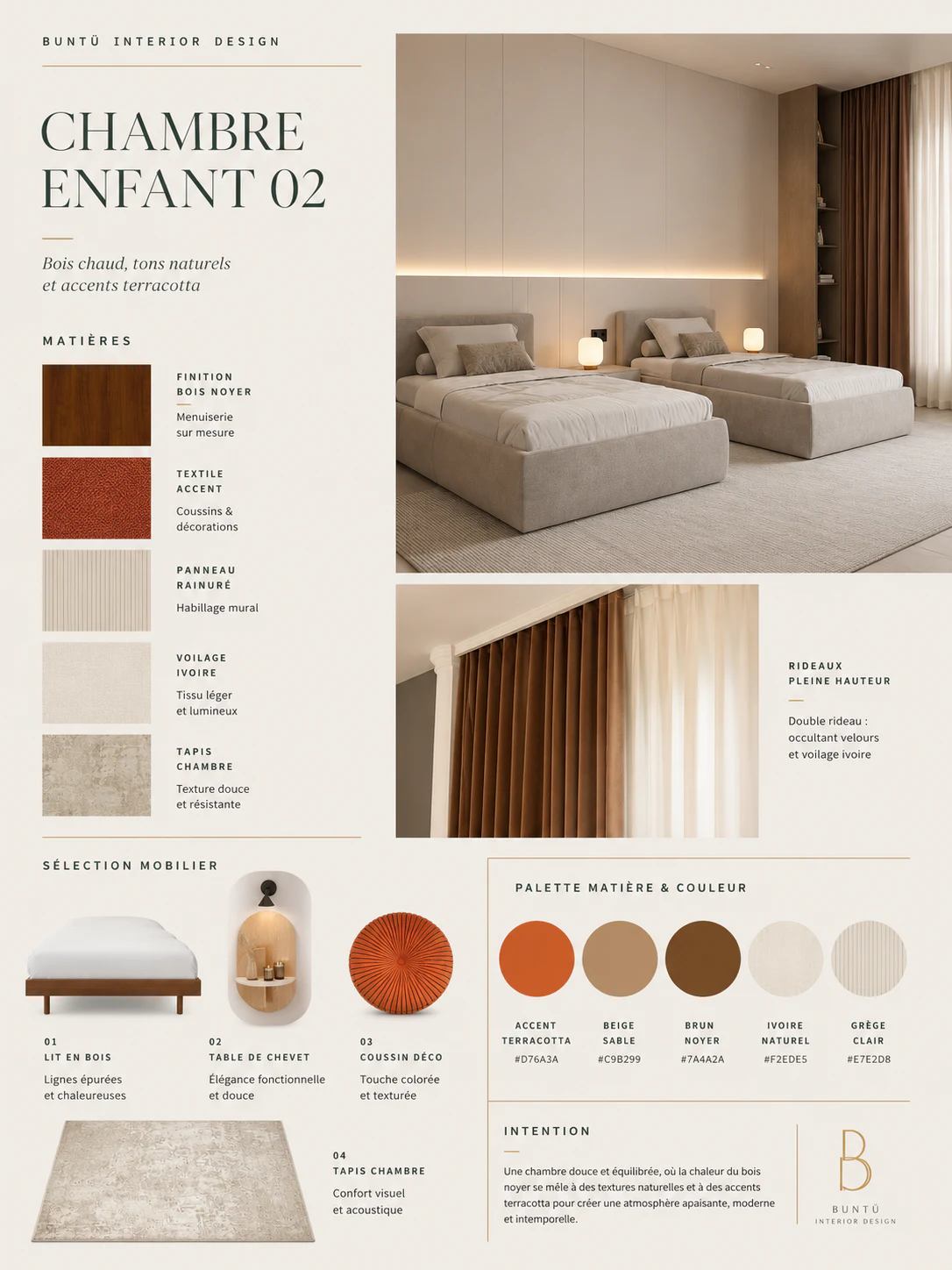 Planche de projet « Chambre enfant 02 » : cinq matières — finition bois noyer en menuiserie sur mesure, textile accent terracotta pour coussins et décorations, panneau rainuré en habillage mural, voilage ivoire, tapis de chambre — une sélection mobilier de lit en bois, table de chevet, coussin déco et tapis, une vue de chambre à deux lits aux panneaux muraux rainurés et rideaux noyer, et une palette de cinq teintes : accent terracotta D76A3A, beige sable C9B299, brun noyer 7A4A2A, ivoire naturel F2EDE5, grège clair E7E2D8.