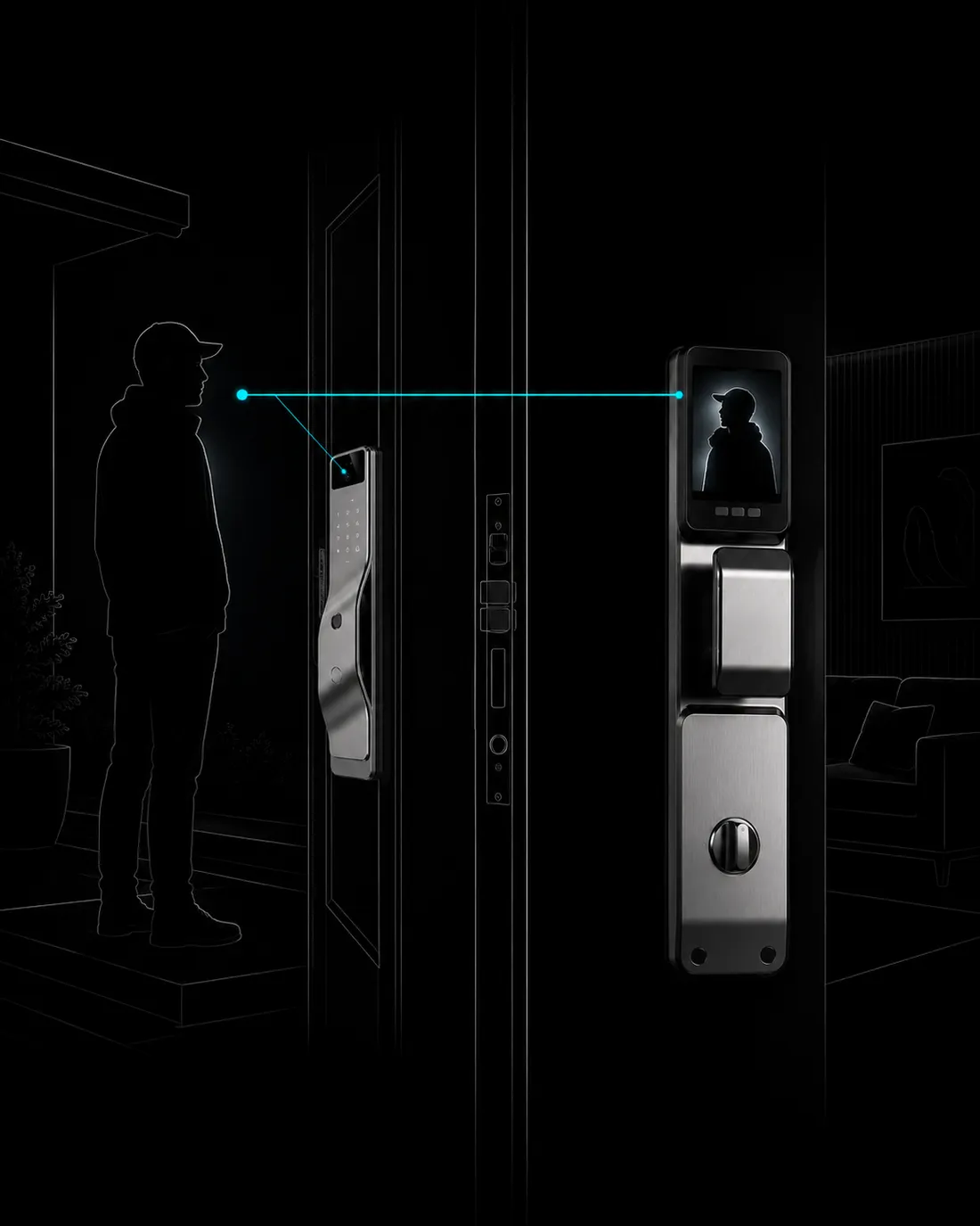 Illustration sur fond noir : un visiteur devant la porte face à la caméra de la serrure ; à l'intérieur, l'écran de la serrure affiche sa silhouette, reliée par un trait cyan traversant la porte.