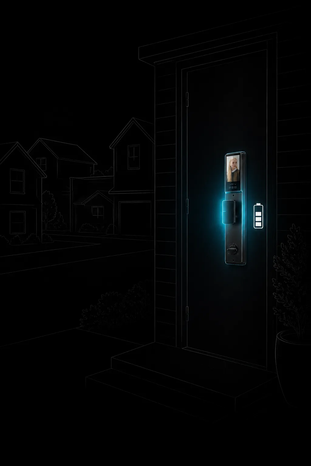 Illustration sur fond noir : un quartier de maisons esquissées au trait, toutes fenêtres éteintes ; sur la porte au premier plan, la serrure reste allumée d'une lueur cyan, une icône de batterie à côté.