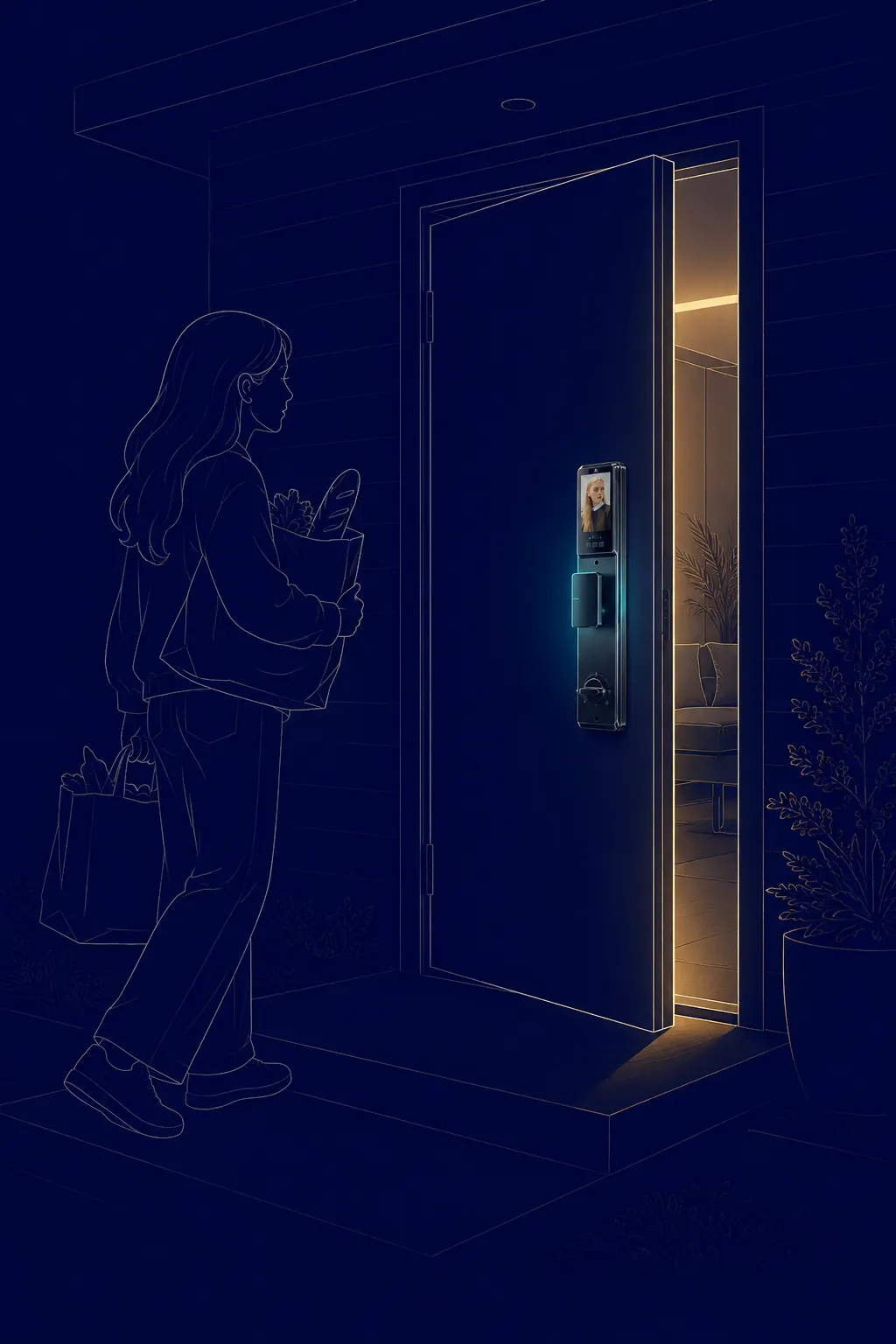 Illustration nocturne sur fond bleu nuit : une personne portant des sacs de courses à deux bras devant sa porte d'entrée, qui s'entrouvre seule sur un intérieur éclairé, la serrure luisant en cyan.